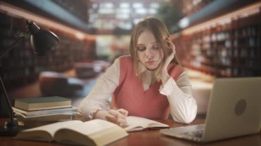 Eğitim ve online öğrenim reklam konsepti. Üniversite kampüsünde bir kadın. Halk kütüphanesinde oturan, sınavlara çalışan, kitaptan uyuyakalan genç bir üniversite öğrencisi..