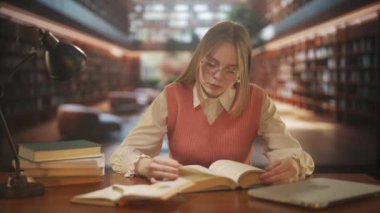 Eğitim ve online öğrenim reklam konsepti. Üniversite kampüsünde bir kadın. Halk kütüphanesinde oturan, sınavlara çalışan, ödev için kitap okuyan genç bir üniversite öğrencisi..