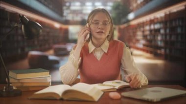 Eğitim ve online öğrenim reklam konsepti. Üniversite kampüsünde bir kadın. Halk kütüphanesinde oturan, sınavlara çalışan, akıllı telefondan konuşan genç bir üniversite öğrencisi..