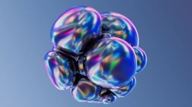 Mavi Gradyan 'da alfa kanallı yanardöner holografik küre kümesi. Bu dijital olarak hazırlanmış video yumuşak mavi eğimli arkaplana karşı yanardöner kürelerden oluşan bir küme sunuyor. Küreler bir sergi