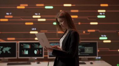 Proje yöneticisi bilgisayar bilimi konsepti. Kontrol odasında teknik destek. Ofiste dizüstü bilgisayarı olan bir kadın bilişim uzmanı, büyük dijital ekranda altyapının bilgi ağı verilerini izlediğini gösteriyor.