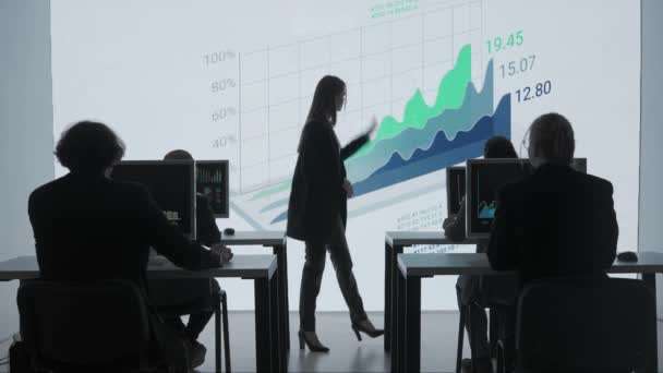 项目经理业务概念 公司团队合作会议在会议室举行 金融专家和女领导人在大型数字屏幕上用财务数据可视化图形介绍情况 — 图库视频影像
