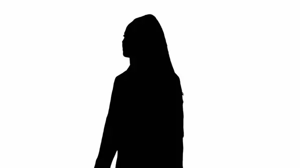 电视新闻报道和现场直播广告的概念 女性记者黑色轮廓白色背景的阿尔法频道 非裔美国女新闻主持人穿西装 — 图库照片