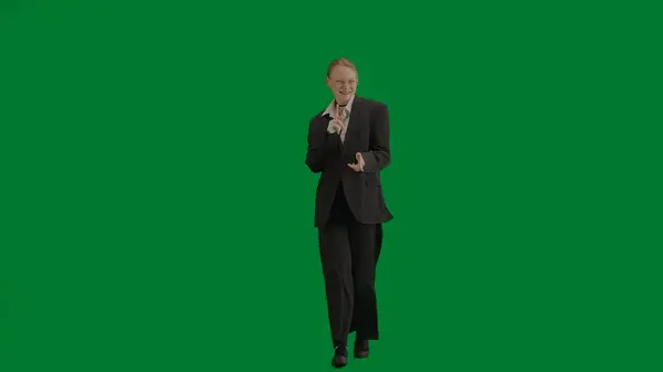 Woman Black Business Suit Dancing Cheerfully Green Screen Chromakey Modern — Stock Photo, Image