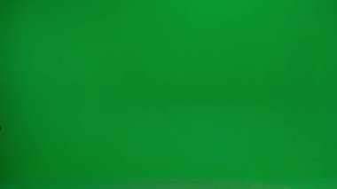 Modern iş kadını yaratıcı reklam konsepti. Krom anahtar yeşil ekranda takım elbiseli kadın portresi. Sarışın iş kadını evrak çantasıyla yürüyor akıllı telefonları kontrol ediyor mutlu bir şekilde dans ediyor..