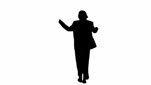 現代のビジネスマンクリエイティブ広告コンセプト ウォーキングとダンスの正式な衣装のビジネス女性 フロントビュー 白い隔離された背景の黒いシルエット — ストック動画