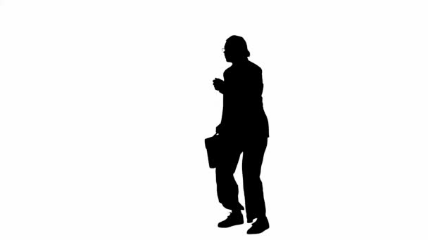 现代女商人创意广告理念 身着正装的女商人走起路来 手拉着手表 开始跑步 白色孤立背景上的黑色轮廓 — 图库视频影像