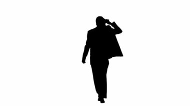 Modern iş kadını yaratıcı reklam konsepti. Resmi kıyafet giymiş iş kadını yürüyüş ve dans ediyor. Arkadan bak. Beyaz izole bir arkaplanda siyah siluet.