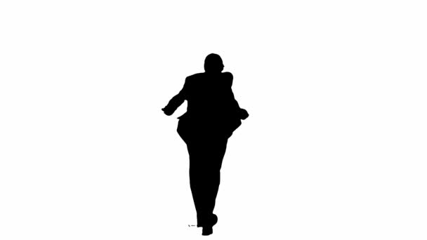 现代女商人创意广告理念 穿着正式服装的女商人走路和跳舞 后视镜白色孤立背景上的黑色轮廓 — 图库视频影像