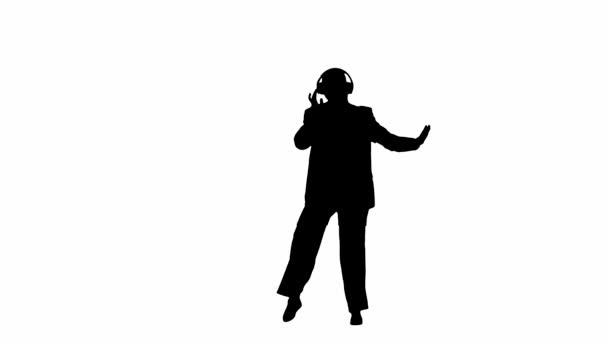 Επιχειρηματίας Που Ακούει Μουσική Ακουστικά Και Χορεύει Χαρούμενα Γυναίκα Κουστούμι — Αρχείο Βίντεο