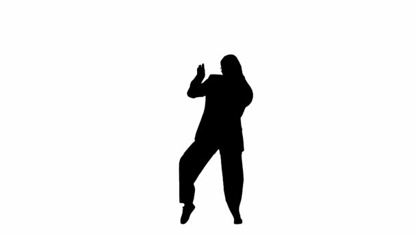ブラックビジネスススーツの女性が元気そうに踊ります 現代のビジネスマンクリエイティブ広告コンセプト 白い隔離された背景の黒いシルエット — ストック動画