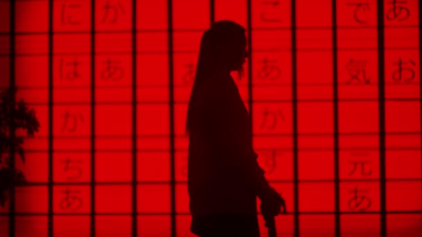 サイバーパンクビジュアルテクノロジークリエイティブコンセプト スタジオの大きなデジタル壁に反対する人 デジタルスクリーン赤アジアのグラフィック背景の前に日本の剣カタナで演じる女性のシルエット — ストック動画