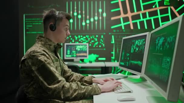 Technology Communications Army Person Security Squad Control Center Military Headquarters — Stock Video