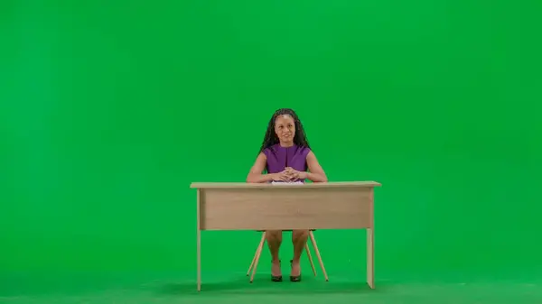 News Live Broadcasting Concept Female Dress Sit Desk Isolated Chroma — Stock Photo, Image