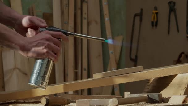 Carpentry Handicraft Advertisement Concept Male Woodworker Working Garage Man Professional Video Clip