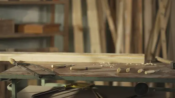 Carpentry Käsityö Mainos Käsite Cinematic Laukaus Pöydän Työkaluja Autotallissa Ammattimaiset — kuvapankkivalokuva