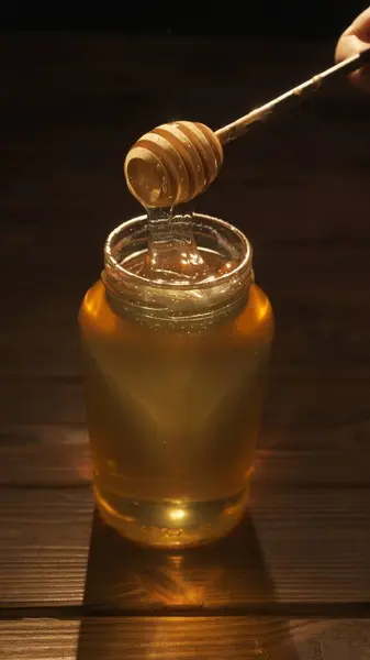 Food Advertisement Concept Healthy Organic Honey Jar Transparent Glass Jar Stock Image
