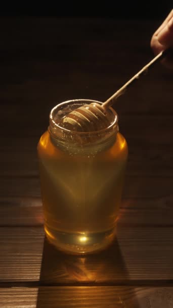 Έννοια Διαφήμισης Τροφίμων Υγιές Βιολογικό Μέλι Βάζο Διάφανο Γυάλινο Βάζο Βίντεο Κλιπ