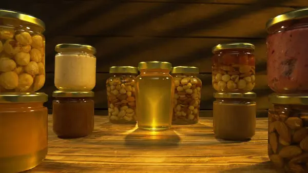 Healthy Organic Honey Nuts Many Glass Jars Wooden Table Sweet Imagini stoc fără drepturi de autor