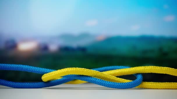 Yellow Blue Colored Ropes Twisted Tied Creating Knot Background Digital — Stock Video