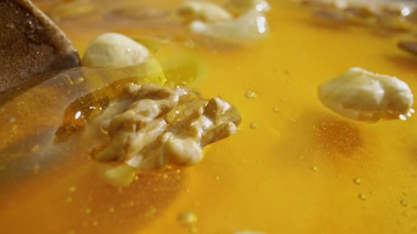 Gesunder Bio Honig Mit Nüssen Holzlöffel Schöpft Süßen Frischen Goldenen — Stockvideo