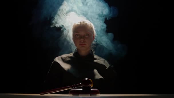 Law Justice Female Sitting Desk Wooden Hammer Dark Room Bright — Stock video