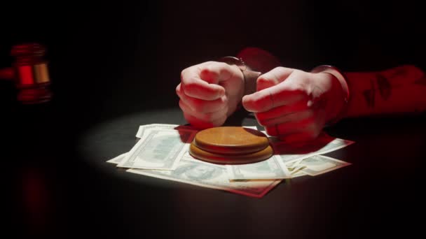 Law Justice Man Suspect Handcuffs Sitting Desk Wooden Hammer Money — Stock video