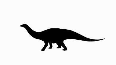 Uzun boyun ve kuyruğuyla karakterize edilmiş bir Sauropod dinozorunun siyah silueti. Bu grafik, minimalist tasarım kullanımı ve eğitim materyalleri için ideal, düz beyaz bir arkaplan üzerinde sunulmaktadır..