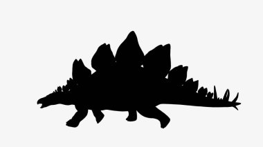 Stegosaurus dinazorunun siyah silueti dinamik bir pozda. Bu grafik, minimalist tasarım kullanımı ve eğitim materyalleri için ideal, düz beyaz bir arkaplan üzerinde sunulmaktadır..