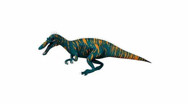 Pencitraan Menampilkan Dinosaurus Teropoda Dengan Pola Garis Garis Biru Dan Stok Foto