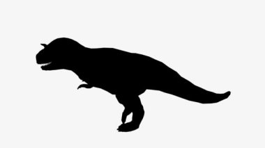 Tyrannosaurid bir dinozorun siyah silueti dinamik bir pozda. Bu grafik, minimalist tasarım kullanımı ve eğitim materyalleri için ideal, sade beyaz bir arkaplan üzerinde sunulmaktadır. Maske. Alfa Kanalı