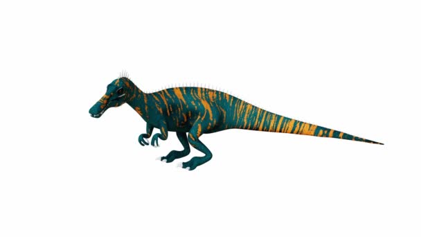 Dinosauro Teropode Rendering Con Accattivante Motivo Strisce Blu Arancioni Dinosauro — Video Stock