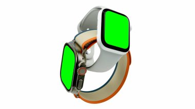 Apple Watch 'un beyaz arka planda izole edilmiş yeşil ekranlı 3 boyutlu modeli. Yeşil ekran kolay kişiselleştirme ve krom anahtarlama sağlar. Ukrayna, Dnipro: Ocak 2023.