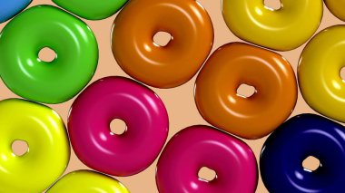 3D graphic depicting a cluster of shiny soft orange, blue, green, yellow and pink torus on a beige background. Geometric background with soft donuts clumping each other. Graphic design. 3D Render clipart