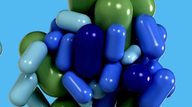 3D graphic depicting a cluster of shiny soft green and blue capsules on a blue background. Geometric background with soft capsules clumping each other. Graphic design. 3D Render clipart