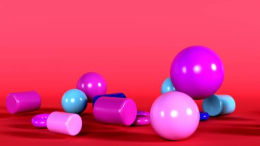 3 boyutlu grafik, kırmızı arkaplanda parlak mavi ve pembe küreler, silindirler ve torus kümelerini tasvir ediyor. Yumuşak şekilli geometrik arkaplan çöker. 3B Hazırlama