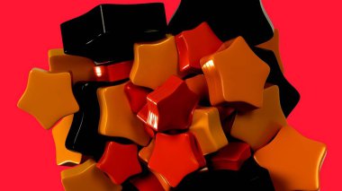 3D graphic depicting a cluster of shiny soft red, orange and black stars on a red background. Geometric background with soft pentagons clumping each other. Graphic design. 3D Render clipart