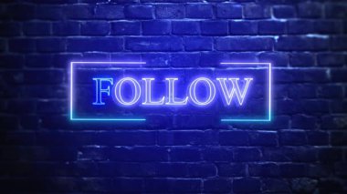 Neon harflerin kademeli bir şekilde ortaya çıkması modern bir tasarım ile lacivert tuğla bir duvarda takip etmek, zarif ve göz alıcı bir hareket çağrısı yaratır.