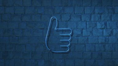 Koyu mavi tuğla bir duvardaki neon başparmağın titremesi sosyal medyadan esinlenerek modern ve minimalist bir görüntü yaratır..