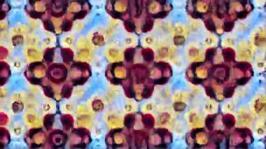 Mavi, kırmızı ve sarı tonlarında kaleydoskopik simetri içeren karmaşık soyut geometrik desen. Dijital tasarım, arka planlar, tekstil ve dekoratif sanatlarda kullanım için ideal.