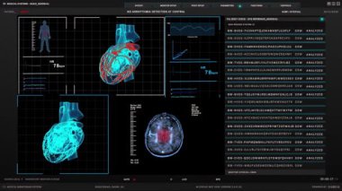 Yüksek çözünürlüklü kalp ve beyin taramaları, hastanın hayati değerleri ve gerçek zamanlı veri analizi içeren gelişmiş bir tıbbi izleme sisteminin detaylı bir görüntüsü. Tıbbi geçmiş.