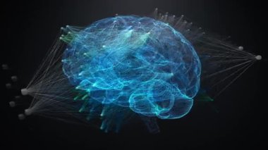 Sinir ağlarının karmaşıklığını gösteren bir beynin dijital temsili. Resim birbirine bağlı çizgiler ve düğümlerle dolu, sinirsel bağlantıları ve yapay zekayı sembolize ediyor.