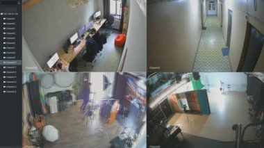 Ofis ve depoda çeşitli odaları gösteren çok kameralı bir güvenlik sistemi. Her kamera kaynağı güvenlik amacıyla izlenen farklı açıları ve alanları gösterir.