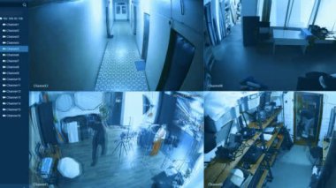 Ofis ve depoda çeşitli odaları gösteren çok kameralı bir güvenlik sistemi. Her kamera kaynağı güvenlik amacıyla izlenen farklı açıları ve alanları gösterir.