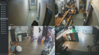 Ofis ve depoda çeşitli odaları gösteren çok kameralı bir güvenlik sistemi. Her kamera kaynağı güvenlik amacıyla izlenen farklı açıları ve alanları gösterir.