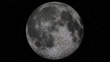 Ay 'ın kraterlerini ve yüzey özelliklerini gösteren son derece detaylı bir CGI görüntüsü. Ay yıldızlı siyah bir arkaplana karşı dizilmiştir. Dokusunu ve karmaşık detaylarını vurgular..