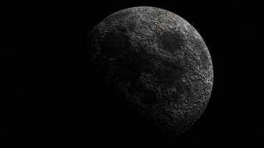 A highly detailed CGI image of the moon partially illuminated and partially in shadow, showcasing its craters and rugged surface. The moon is set against a starry black background, highlighting the clipart