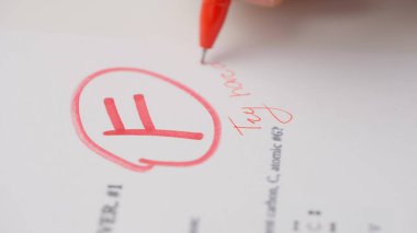 Bayan öğretmen ödevler için not veriyor. Profesyonel okul ya da üniversite öğretmeni öğrencilerin ödev sınav kağıtlarını not eder. Kadın notları sınavı F işareti ve yazılar kırmızı kalemle daha sıkı deneyin.