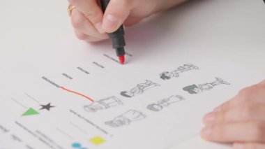 Üniversitede ya da okulda sınava giren kişi. Dişi, standart sınav kağıdında kırmızı kalemle doğru cevaplar çizer. Cevap kağıdını dolduran öğrenci, doğru cevabı seçiyor, yakın çekim.