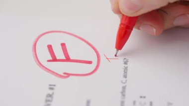 Bayan öğretmen ödevler için not veriyor. Profesyonel okul ya da üniversite öğretmeni öğrencilerin ödev sınav kağıtlarını not eder. Kadın notları sınavı F işareti ve yazılar kırmızı kalemle daha sıkı deneyin.